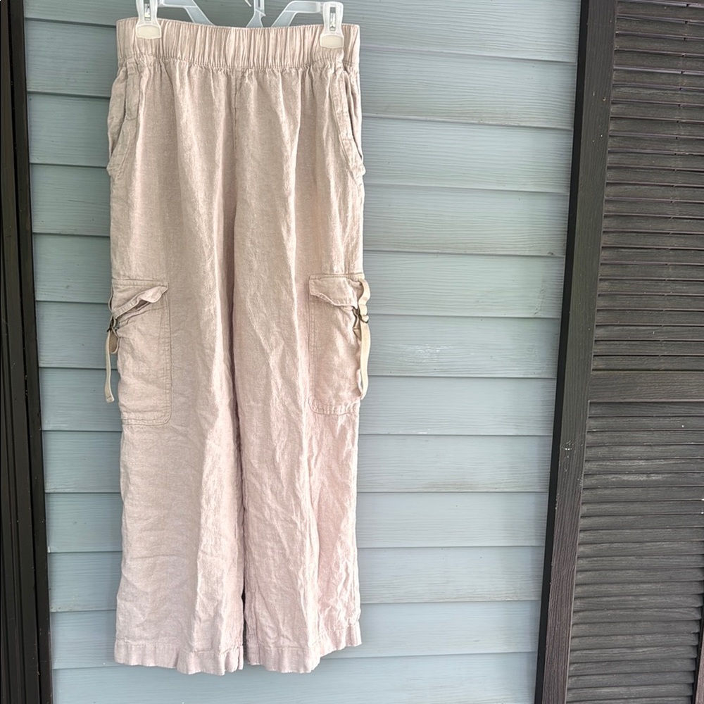 C&C California 100% Linen High Rise Wide Leg Cargo Style Over Ankle Size M